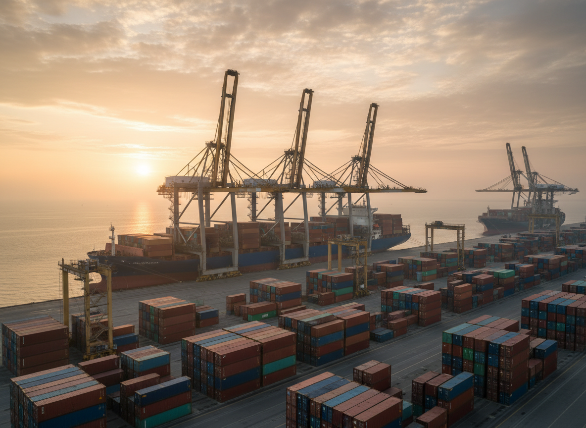 Container port with cranes and a cargo ship